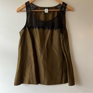 J. Crew Green Silk Tank with Black Lace Trim - Size 8